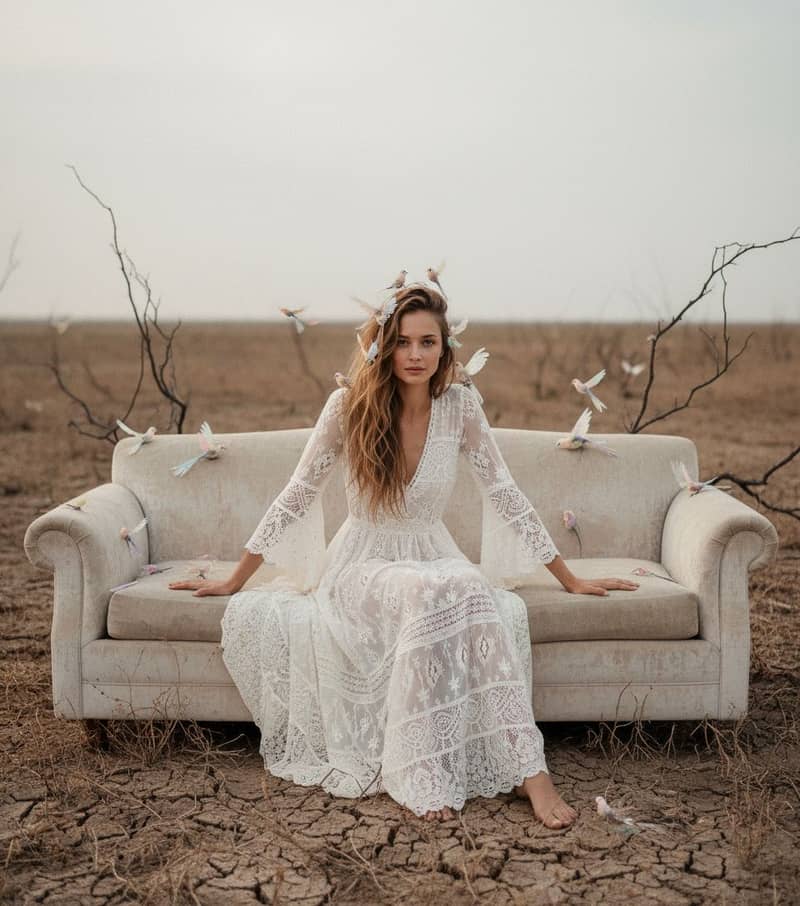 a woman sitting on top of a couch in a field, skinny girl in... - Prompt 7 | grokimages.net - Grok Imagine