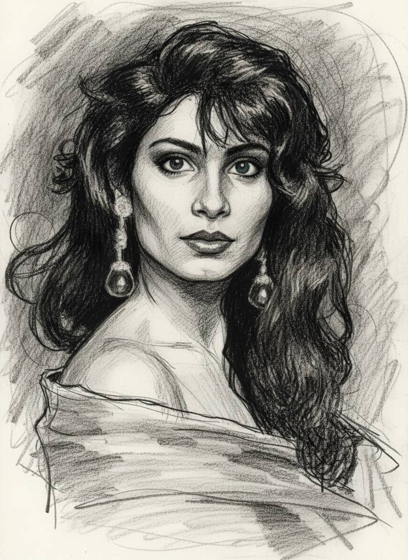 An expressionist charcoal sketch, a stunning woman with pier... - Prompt 2 | grokimages.net - Grok Imagine